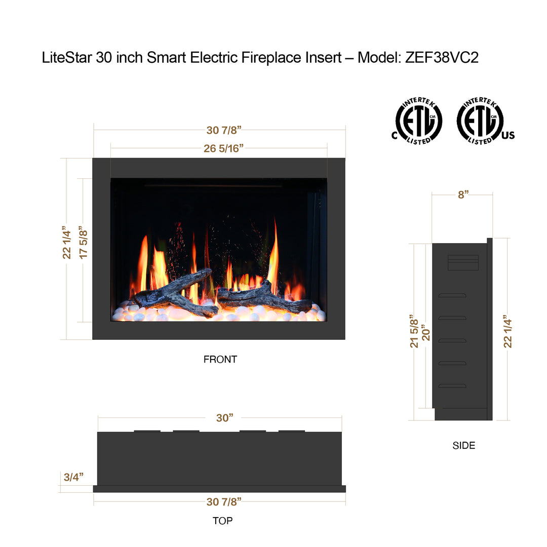 Litedeer Homes® LiteStar 30-in Smart Electric Fireplace Inserts with Multi-Flame Style