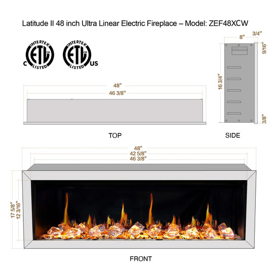 Litedeer Homes® Gloria II 48-in Smart Wall Mount Electric Fireplace + Crushed Ice Rocks (White)