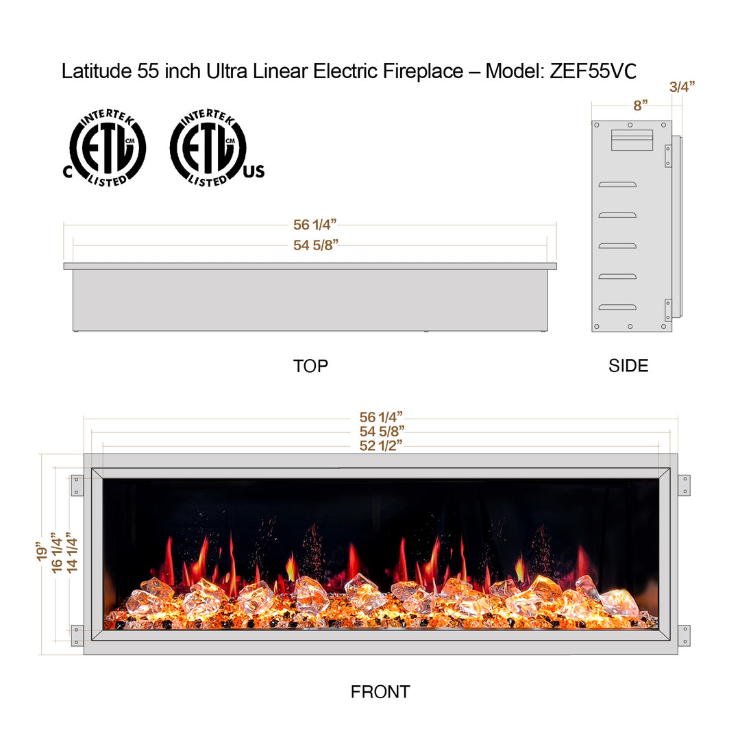 Litedeer Homes® Latitude 55" Built-in Electric Fireplace + Crushed Ice Rocks