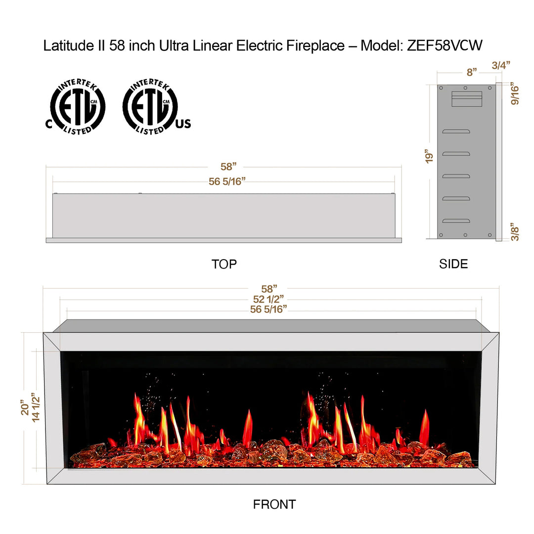 Litedeer Homes® Gloria II 58-in Smart Wall Mount Electric Fireplace + Crushed Ice Rocks (White)