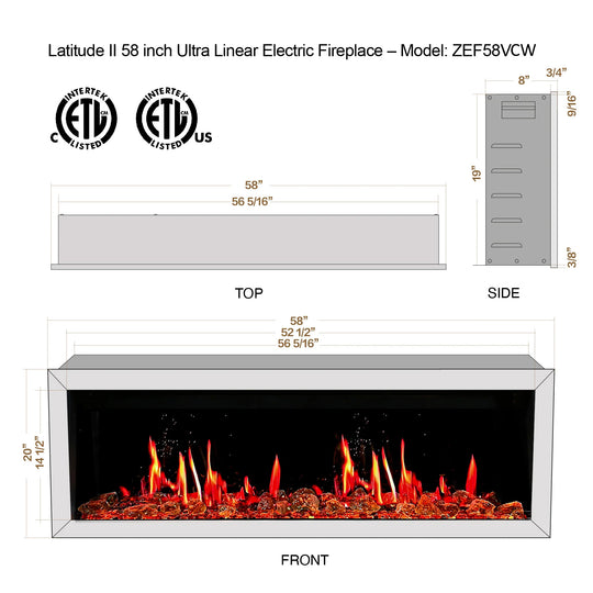 Litedeer Homes® Gloria II 58-in Smart Wall Mount Electric Fireplace + Crushed Ice Rocks (White)