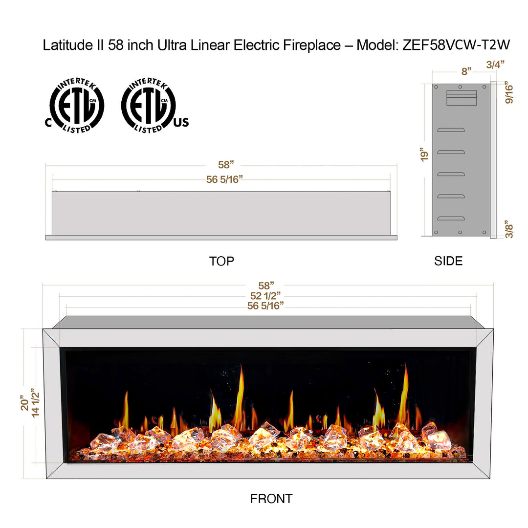 Litedeer Homes® Gloria II 58-in Smart Wall Mount Electric Fireplace + Crushed Ice Rocks (White)