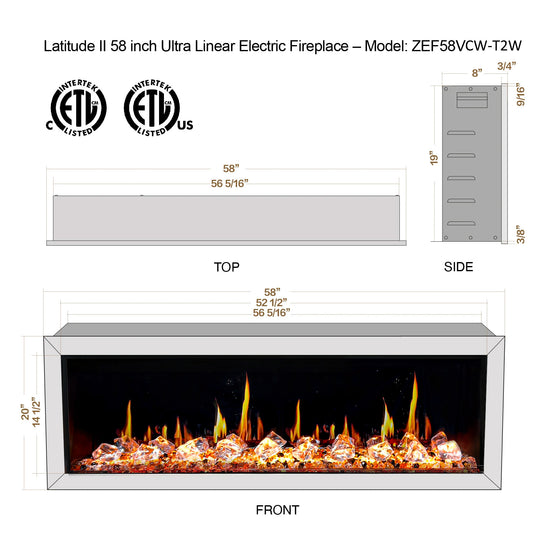 Litedeer Homes® Gloria II 58-in Smart Wall Mount Electric Fireplace + Crushed Ice Rocks (White)
