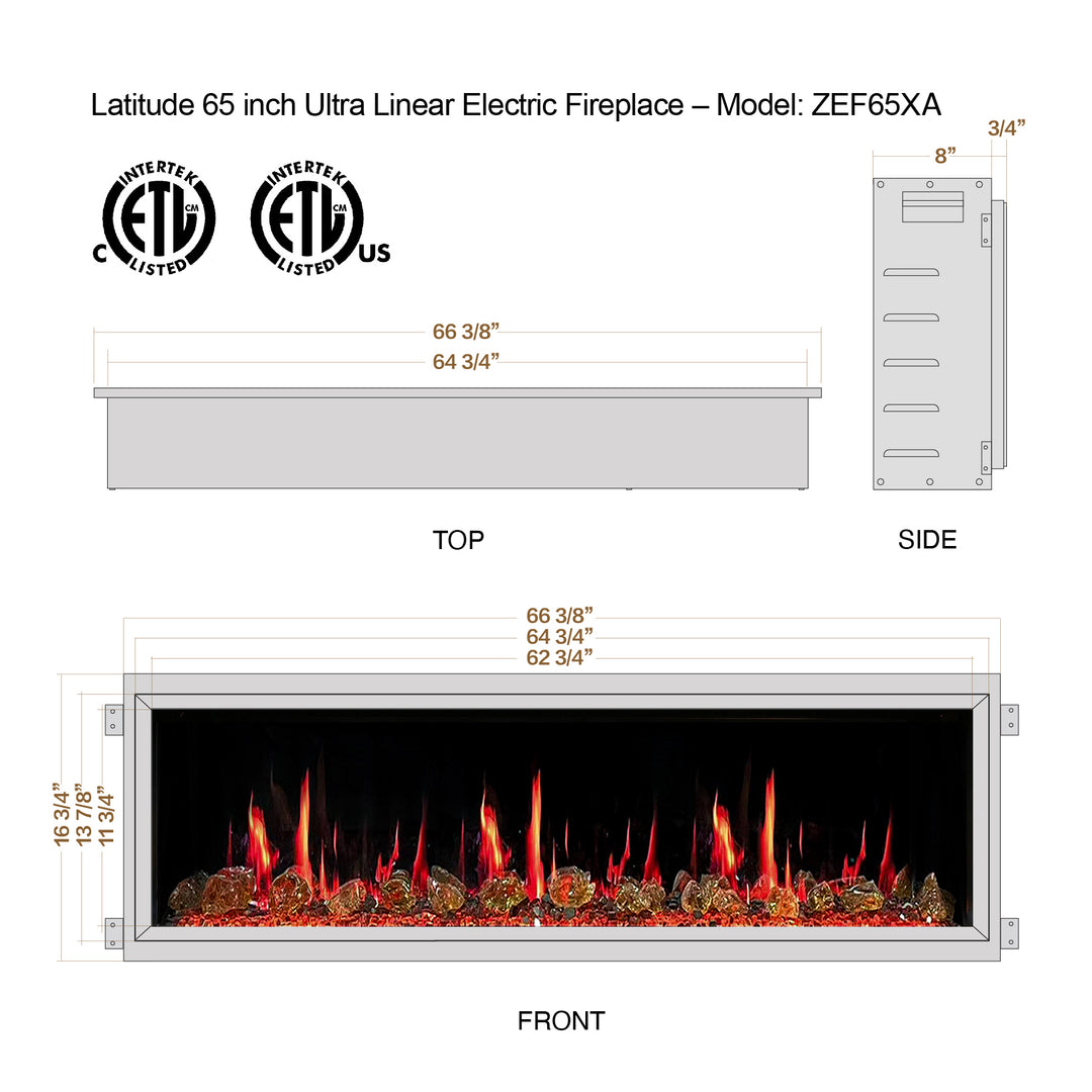 Litedeer Homes® Latitude 65" Ultra Slim Built-in Electric Fireplace + Reflective Fire Glass
