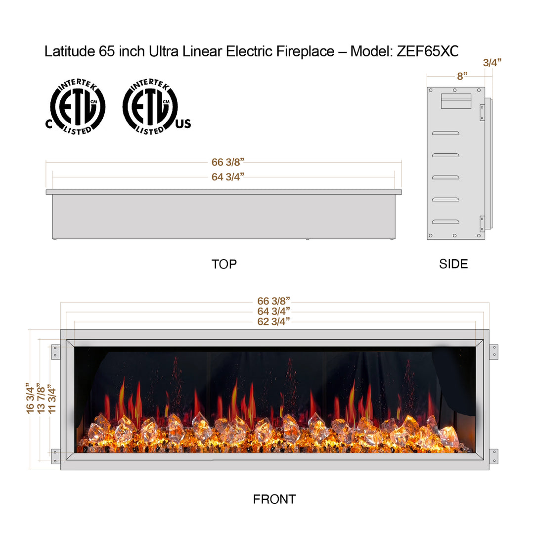Litedeer Homes® Latitude 65" Ultra Slim Built-in Electric Fireplace + Crushed Ice Rocks