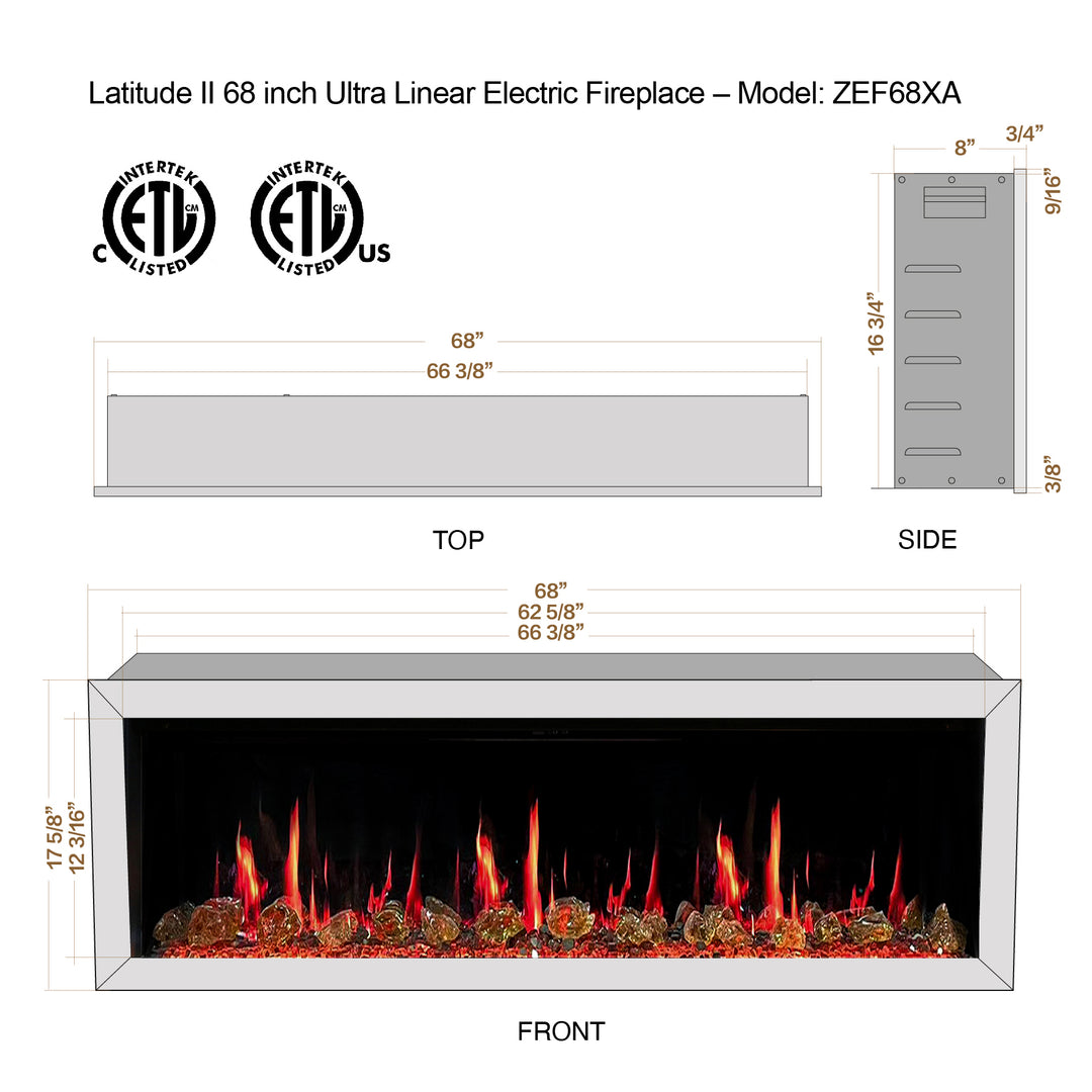 Litedeer Homes® Latitude II 68-in Smart Wall Mount Electric Fireplace + Reflective Fire Glass