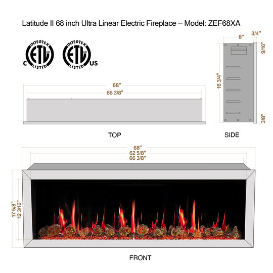 Litedeer Homes® Latitude II 68-in Smart Wall Mount Electric Fireplace + Reflective Fire Glass