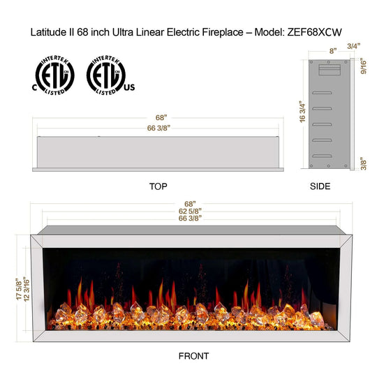 Litedeer Homes® Gloria II 68-in Smart Wall Mount Electric Fireplace + Crushed Ice Rocks (White)